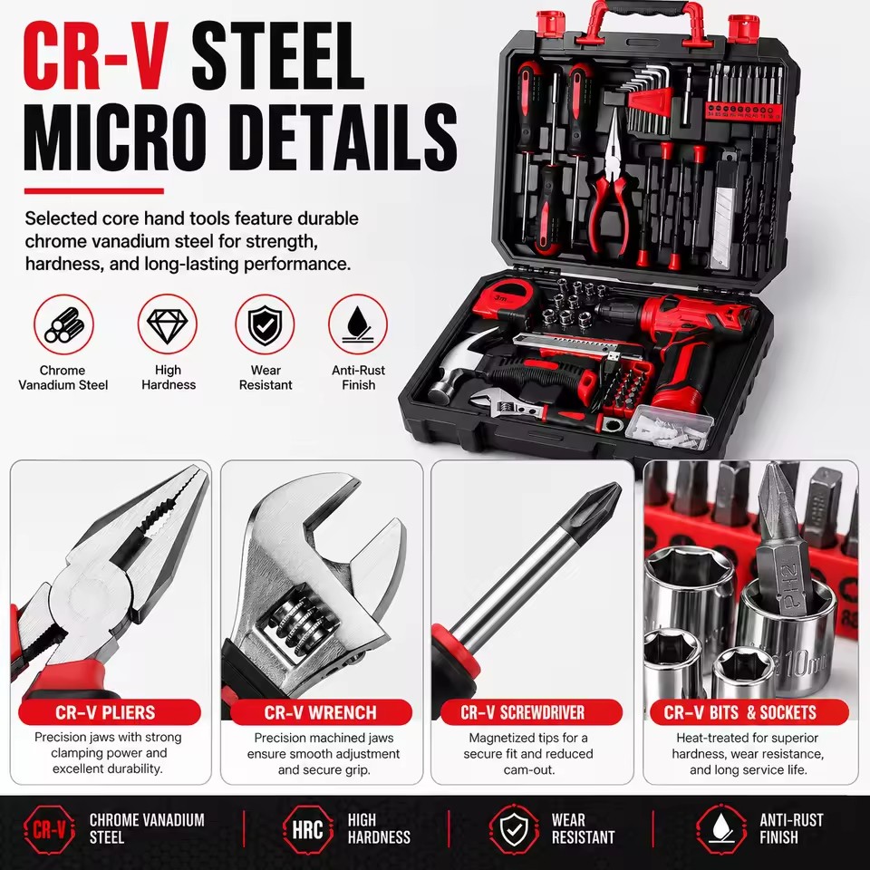 126PCS Professional Auto & Home Repair Tool Kit with CR-V Sockets & Ratchet Wrench High-Torque Durability Blow Mold Case