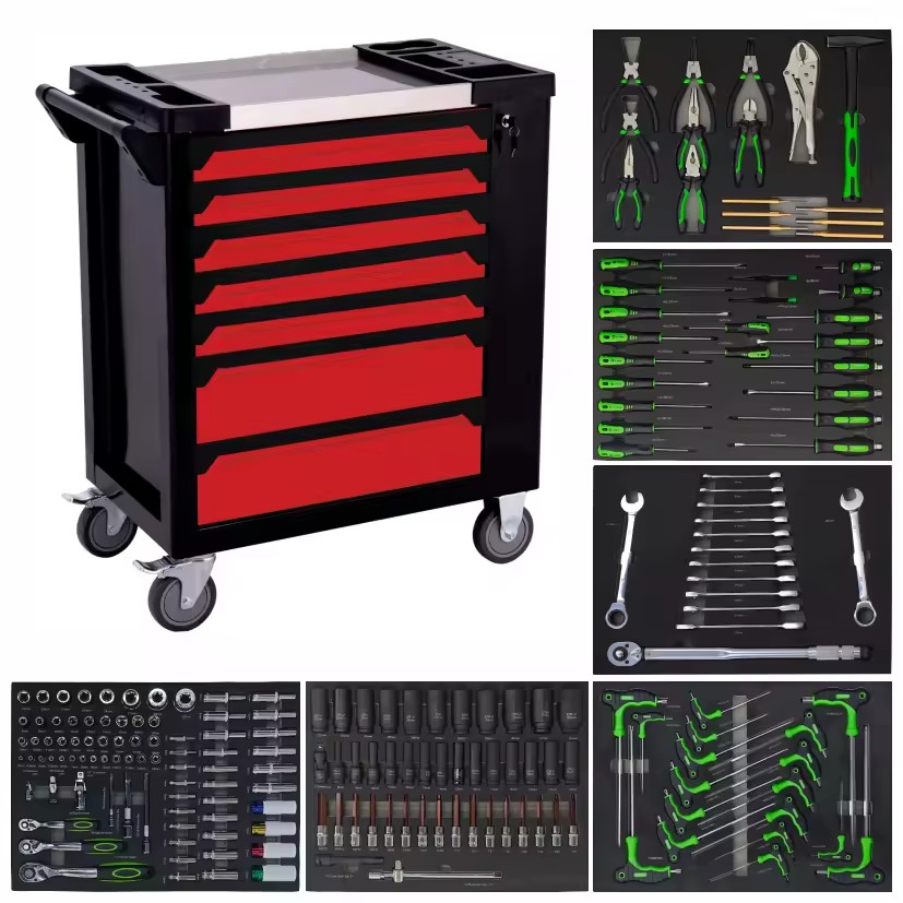 2026 Hot Selling 7 Drawer Tool Cabinet Set with Side Cabinet and Auto Repair Tools Herramientas