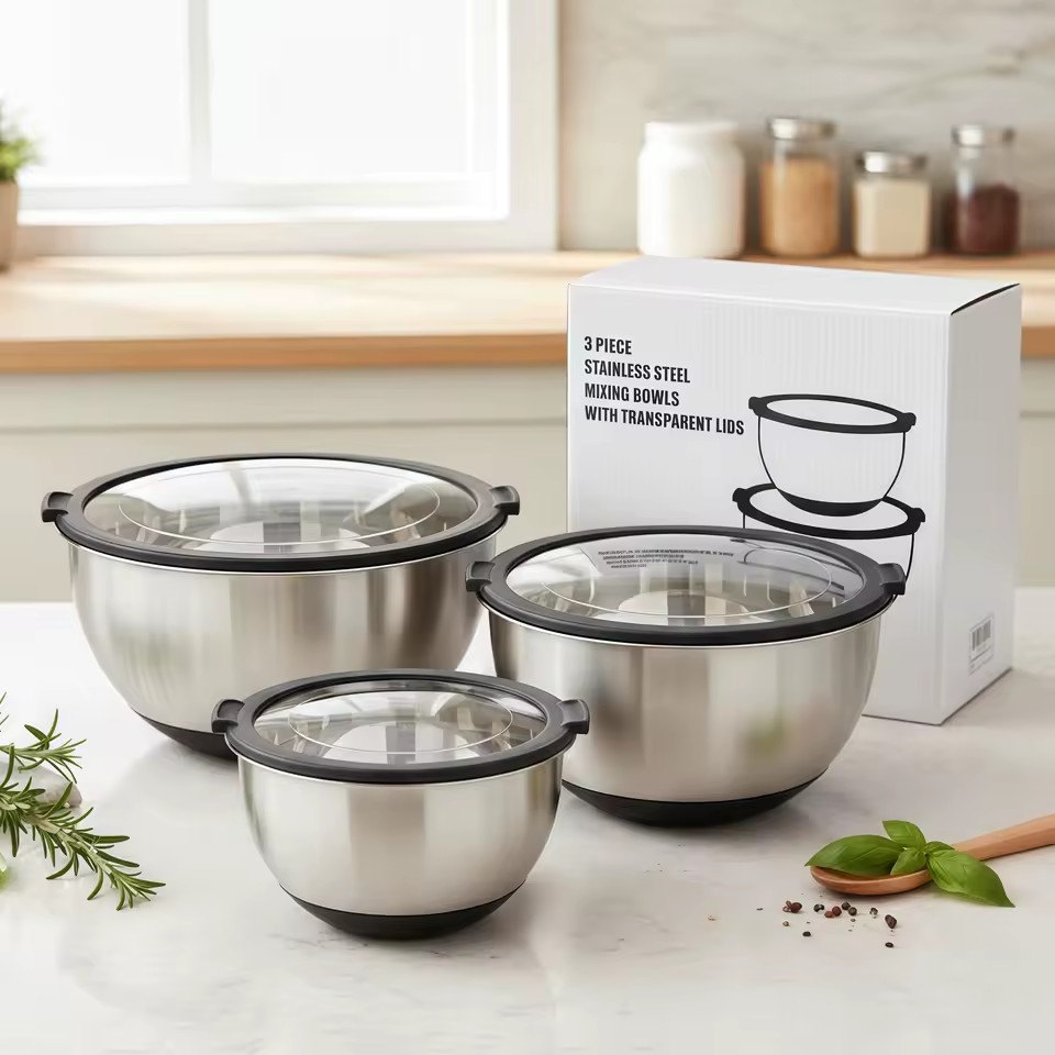 Wholesale In-Stock Set of 3 Stainless Steel Kitchen Salad Mixing Bowls with Transparent Lid