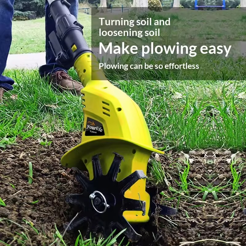 Lithium Battery Micro-Tiller Weeding Loosening Soil Household Small Dual-Purpose Plowing Machine Electric Hoe Garden Tool Yellow