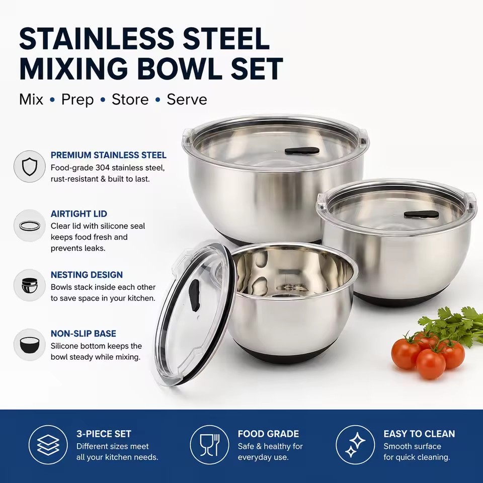 Custom Polished Stainless Steel 304 Modern Salad Mixing Bowls Set Non-Slip Airtight Warp-Proof Glass Lids Eco-Friendly