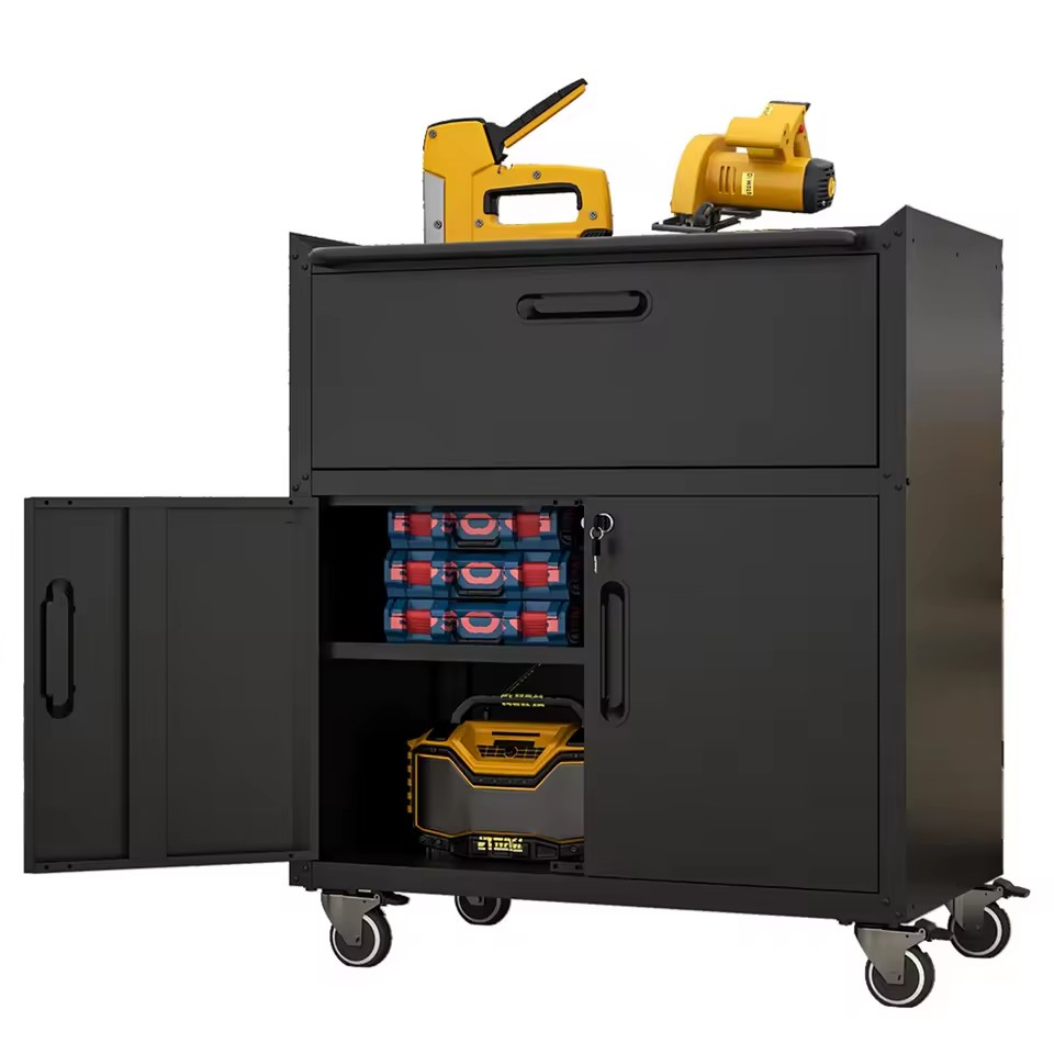 1-Drawer 2-Locking-Door Rolling Tool Storage Cabinet Sturdy Metal