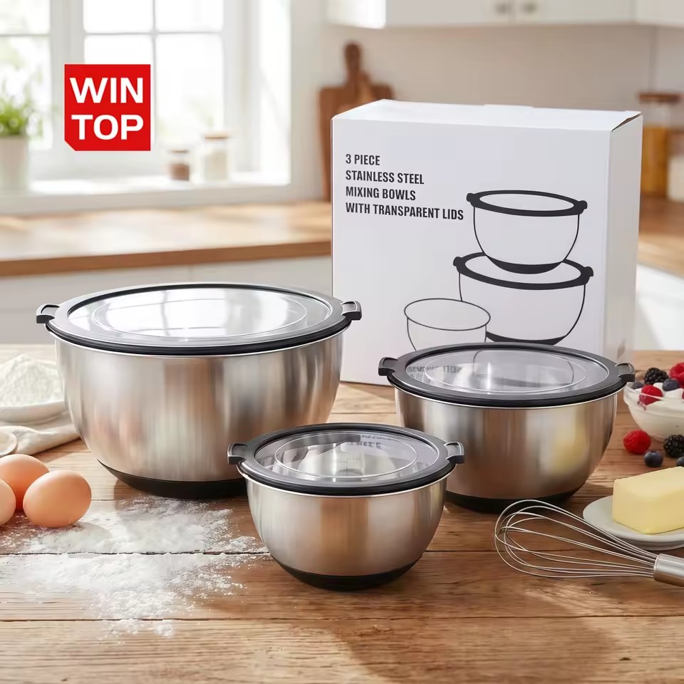 Custom Polished Salad Mixing Bowls Set Non-Slip Airtight Warp-Proof TPR-AS Lids Eco-Friendly Dishwasher Safe Stainless Steel