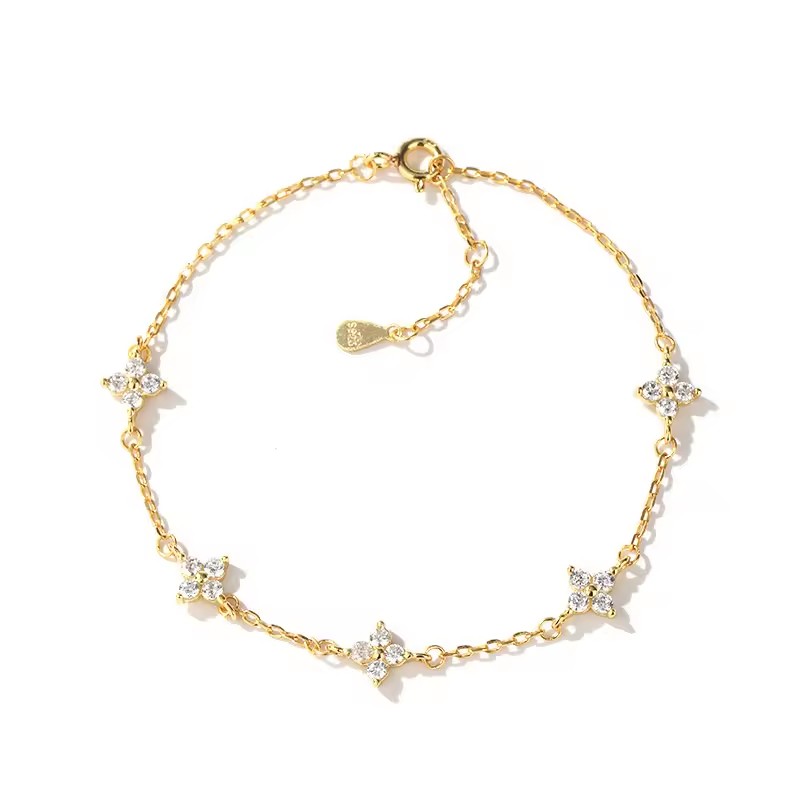 Friendship Moissanite CZ Bracelet 925 Silver Silver Joyeria Plata Custom Fine Chain Jewelry Link Women Four Leaf Clover Bracelet
