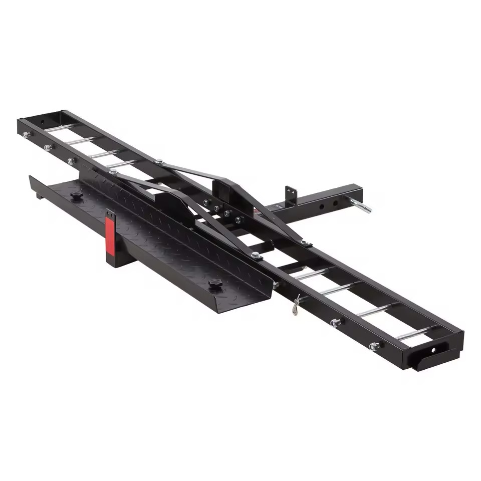 Steel Motorcycle Carrier 600 Lbs Capacity Hitch Mount Ramp Customizable Incline Dirt Bike Scooter Ratchet Straps Stabilizer