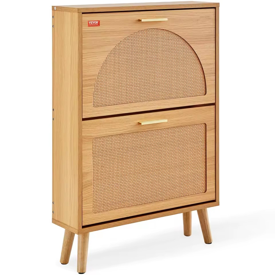 Shoe Storage Cabinet 2 Flip Drawers Rattan Door Entryway Living Room Organizer Modern Design