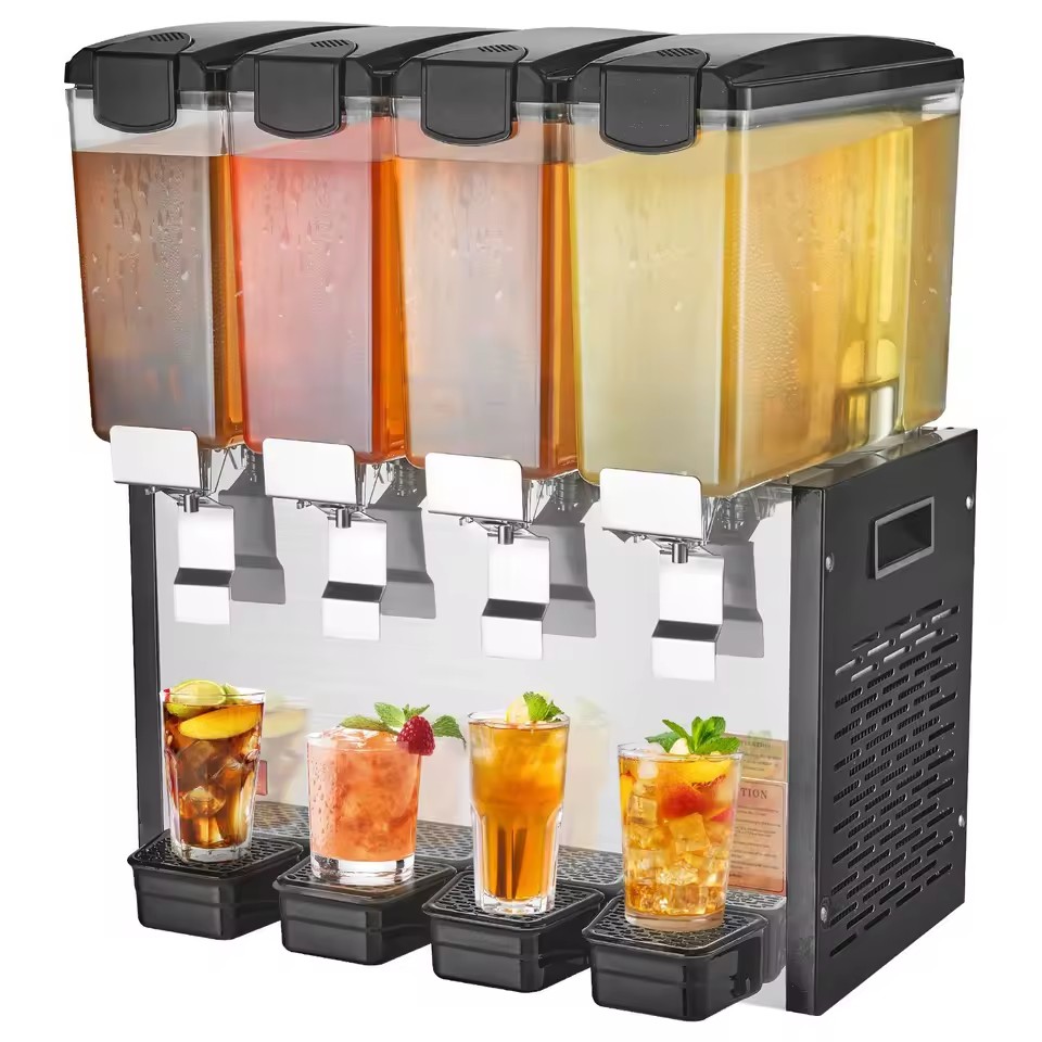Commercial Beverage Dispenser 16L X 4 Tanks 2 Taps Brushed Metal Cold Juice Cooler Stainless Steel Freestanding Electric EU Plug