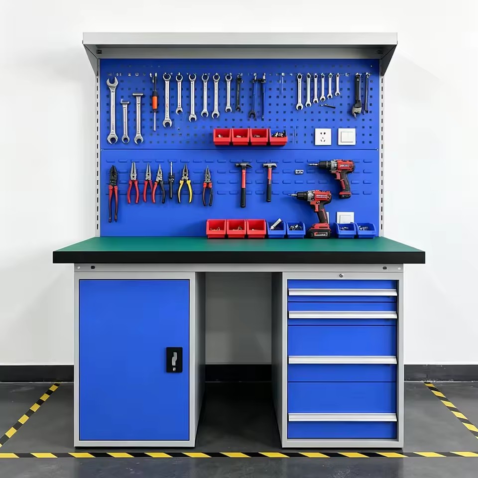 Heavy Duty Steel Workshop Work Station, Integrated Tool Hanging Pegboard, & Wear-resistant Rubber Tabletop for Machinery Repair