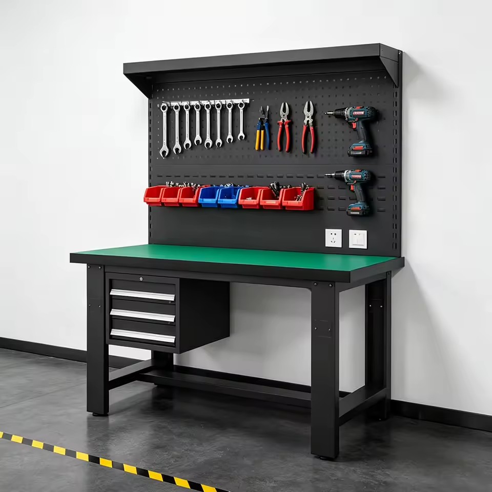 Heavy-duty Mechanical Repair Work Station Equipped with Perforated Tool Pegboard,, Impact Resistant Tabletop for Workshop