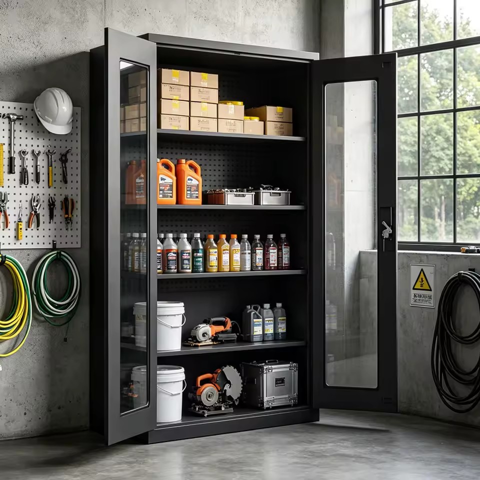 Double Glass Door Steel Storage Cabinet with Pegboard, Adjustable Load-bearing Shelves for Workshop Hardware Tool Storage