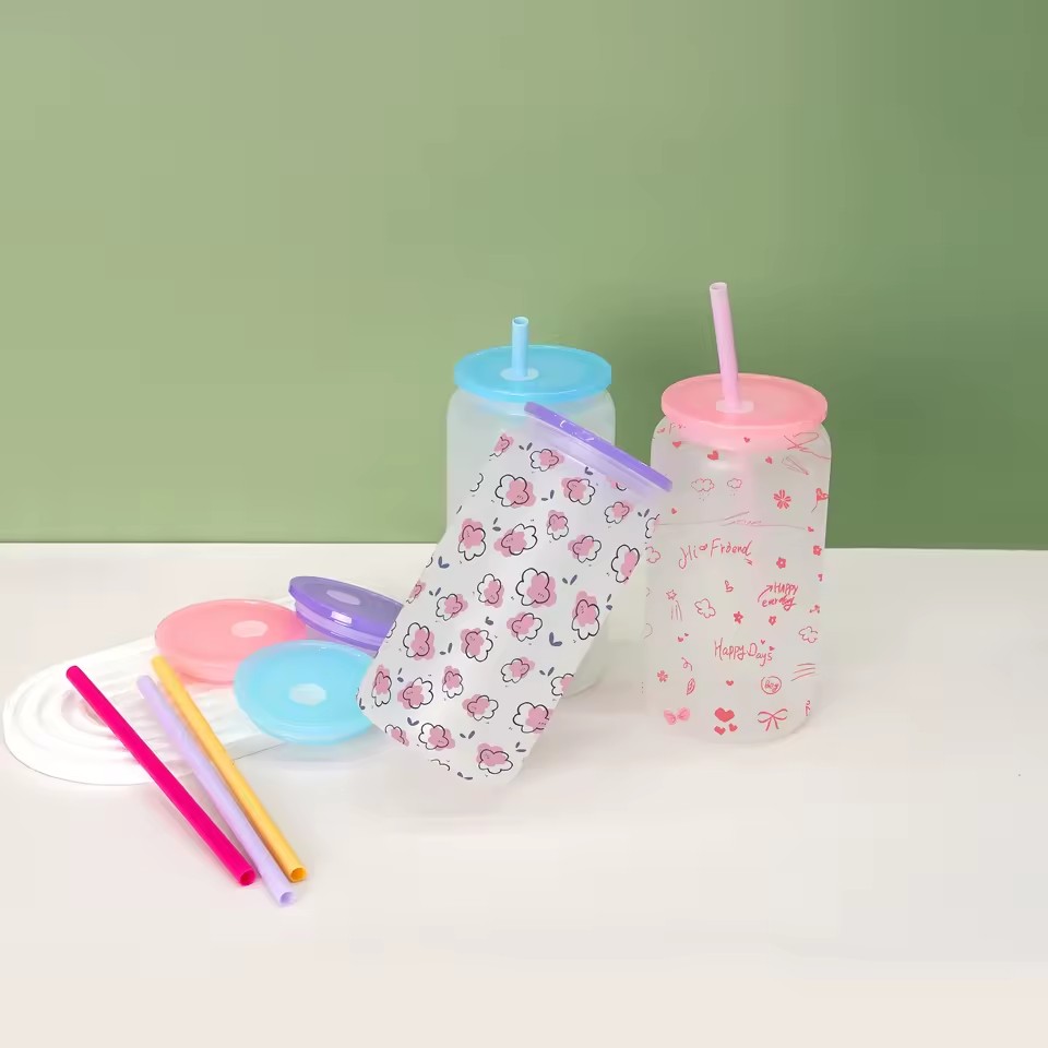 Custom 16oz Sublimation Frosted Clear Glass Tumbler with Insulated Design BPA Free Plastic Lids and Straws for Travel Use