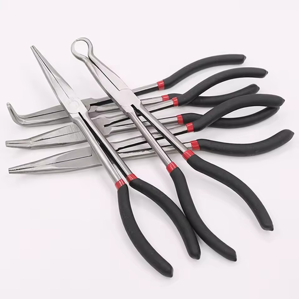 11\" O-Shape Bend Needle Nose Pliers Multi-Functional Mechanics Hand Tool Clamp Grip Long Straight 25 45 90 Degree Steel Home