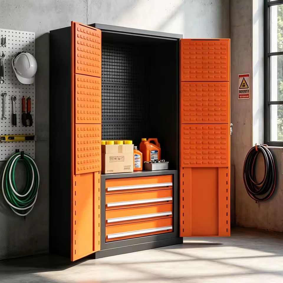 Heavy Duty Freestanding Metal Tool Cabinet with Full Perforated Pegboard, 4 Drawers & Adjustable Shelves Storage Cabinet