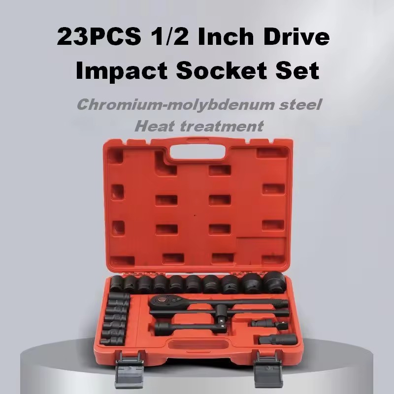 23PCS 1/2" Drive Impact Socket Set with Rigid Storage Case Chromium-molybdenum Steel Heat Treatment Wear Resistance