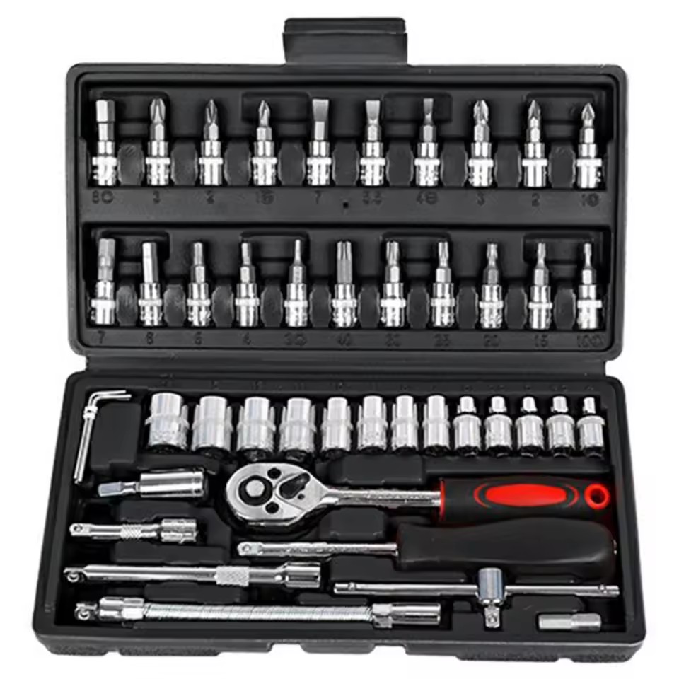 TGS 46pcs Stainless Steel Tool Box Set for Car Motorcycle Repair Home Service DIY Kit Socket Head Wrench Hex Key Metric