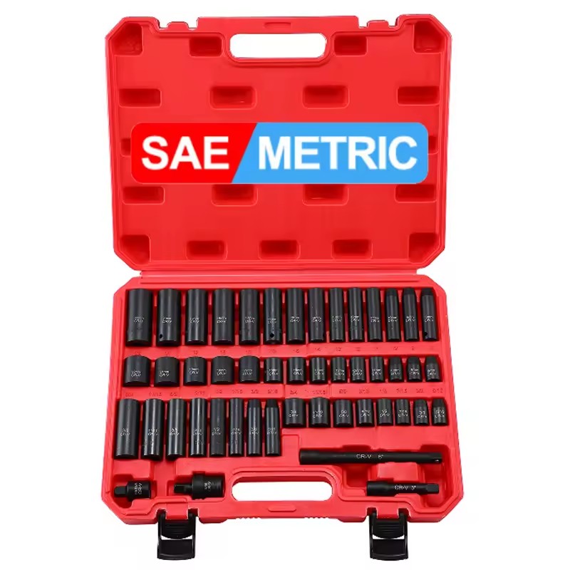 48 Pcs 6 Point 3/8" Drive Impact Socket Set Standard SAE and Metric Size Cr-V With Ratchet Handle Extension Bar Universal Joint
