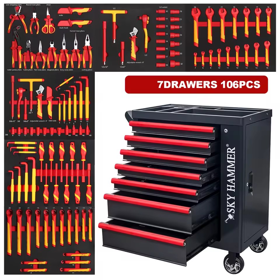 7 Drawers Tool Cart with 106PCS VDE Hand Tools in EVA Foam Tray OEM for Garage and Workshop Use
