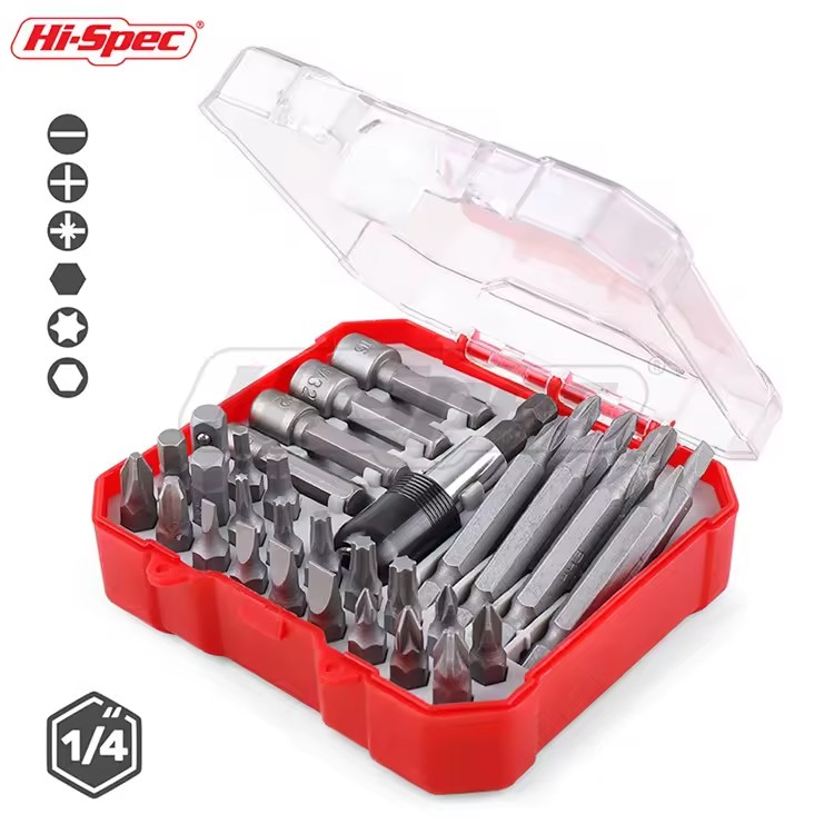 Hi-Spec Portable 34pc DIY Grade Steel Heat Treated Screw Nut Driver Bit Set Includes Long Drill Adaptor Tray Case OEM/ODM Ready