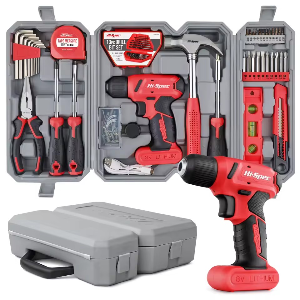 Hi-Spec 57pc 8V Red USB Cordless Electric Screwdriver Drill Set with Hard Case Chrome Vanadium Steel Multi-Purpose OEM/ODM Ready