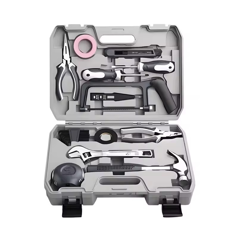 Versatile 13-Piece Hand Tool Set Hard Case Chrome Vanadium Steel Wrenches Measuring Tools Hammers Scissors Screwdrivers Pickaxe
