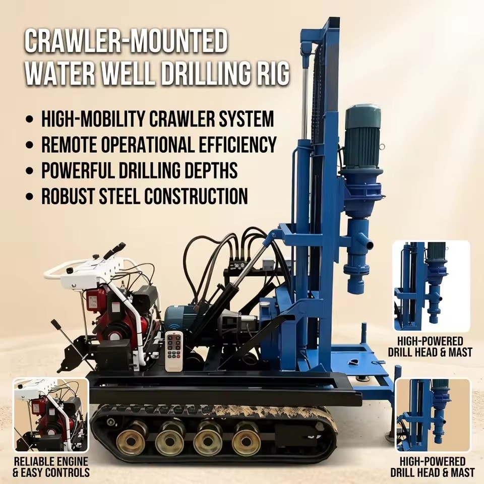 Electric Hydraulic Crawler Water Well Drilling Rig 6HP Walking Power 3KW Rotary Motor 80m Depth for Mountain Muddy Slope Terrain