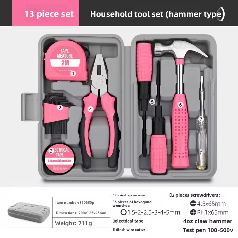 24-Piece Household Hardware Combination Tool Set Manual Toolbox Hard Case Carbon Steel Hand-Powered Home Use