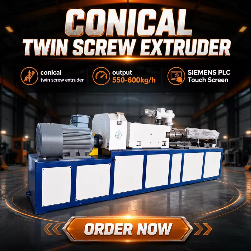 Conical Twin Screw Extruder SJSZ65/132 500-600kg/h Output Capacity for PLC Control Energy Saving PVC Plastic Processing