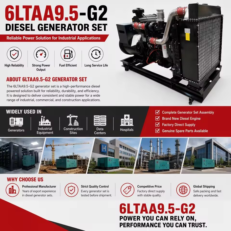Genset Cummings 6LTAA9.5-G2 Engine with Radiator and Generator Set with A.C.BRUSHLESS SYNCHRONOUS GENERATOR