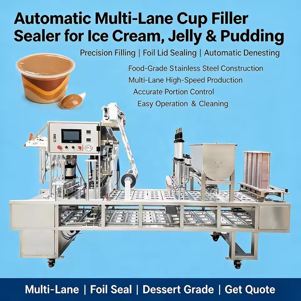 Automatic Cup Filler Sealer for Ice Cream Jelly and Pudding With Multi-Lane Precision Filling Foil Lid Sealing and Denesting