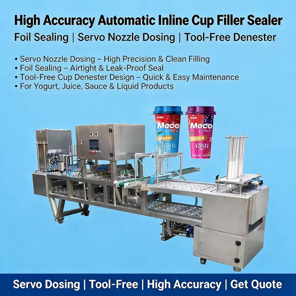 High Accuracy Automatic Cup Filling Machine With Foil Sealing Servo Nozzle Dosing and Tool-Free Cup Denester Design