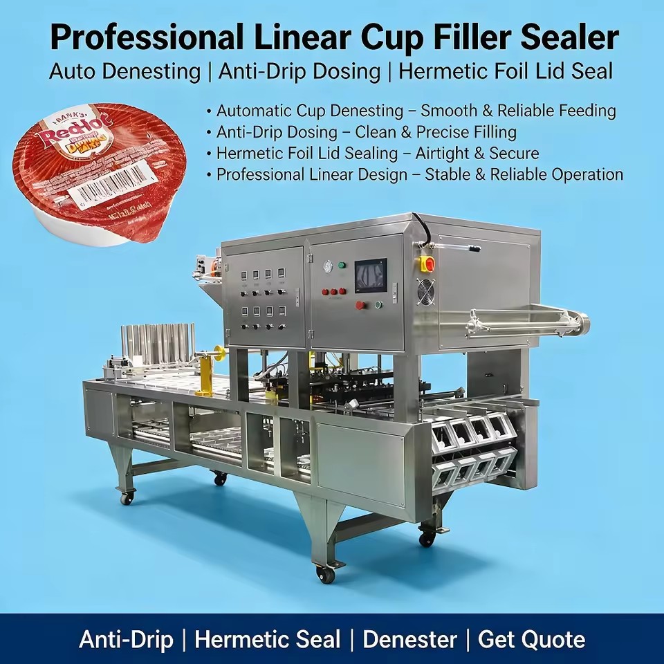 Professional Linear Cup Filling Sealing Machine With Automatic Denesting Anti-Drip Dosing and Hermetic Foil Lid Sealing