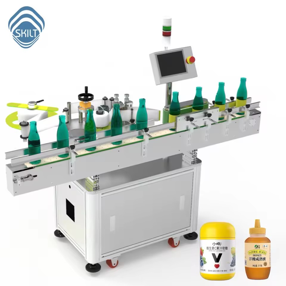 High Speed Auto Round Bottle Label Applicator for Soy Sauce, Juice, Oil | Wrap-Around Sticker Labeling Machine