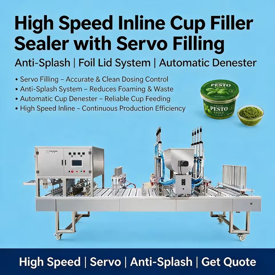 High Speed Cup Filling and Sealing Machine With Automatic Cup Denester Servo Filling Anti-Splash Foil Lid System