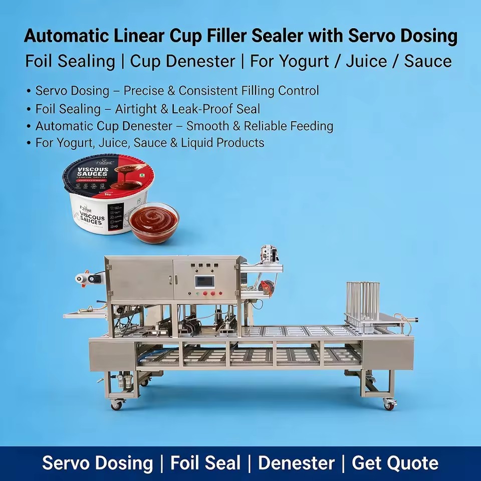 Automatic Linear Cup Filling Sealing Machine With Servo Dosing Foil Sealing Cup Denester for Yogurt Juice Sauce Production