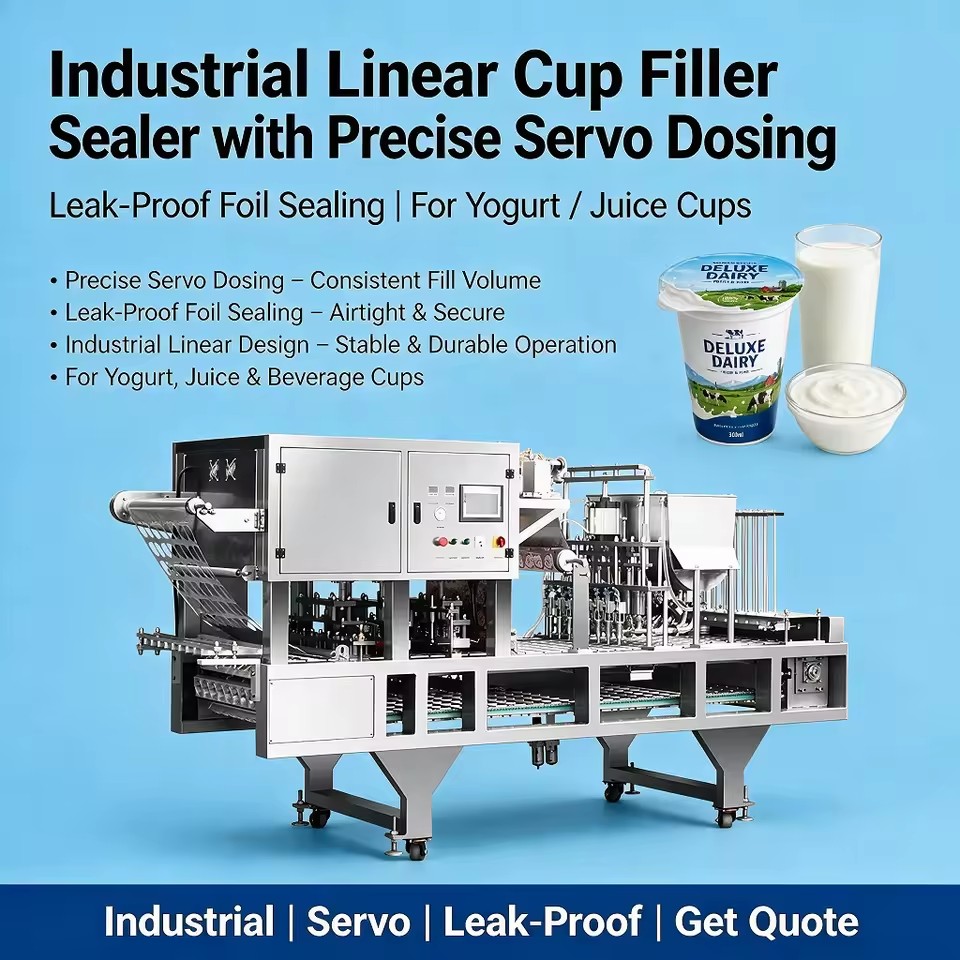 Industrial Automatic Linear Cup Filler Sealer With Precise Servo Dosing Leak-Proof Foil Sealing for Yogurt and Juice Cups
