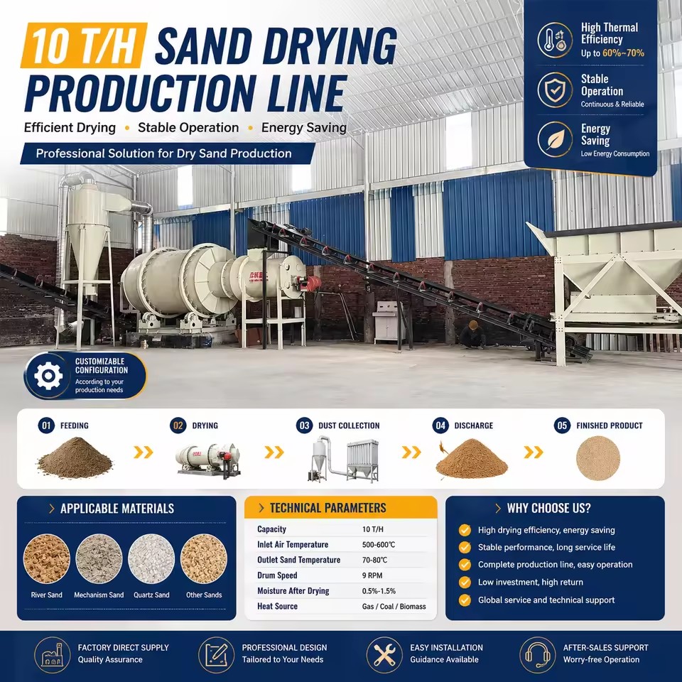 Energy Saving Three Pass Rotary Sand Dryer Machine for River Sand Silica Sand High Thermal Efficiency PLC Control System