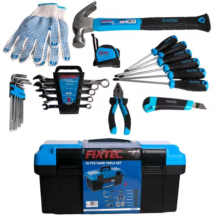 FIXTEC 26pcs Hand Tools Set Workshop Home Hardware Tools with Heavy Duty Plastic Tool Box 17"