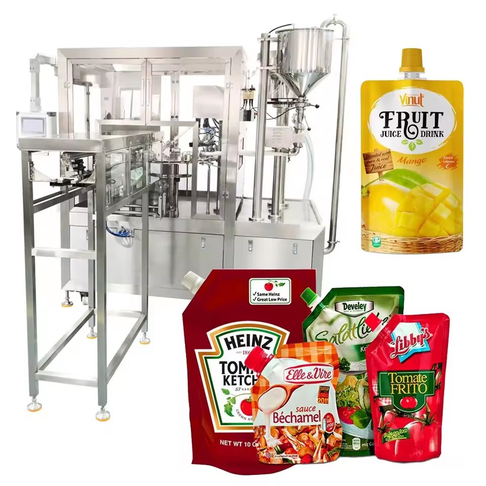 CE 4-head Automatic 30-2000ml Spout Pouch Rotary Liquid Jelly Honey Juice Energy Drink Tomato Sauce Filling and Capping Machine