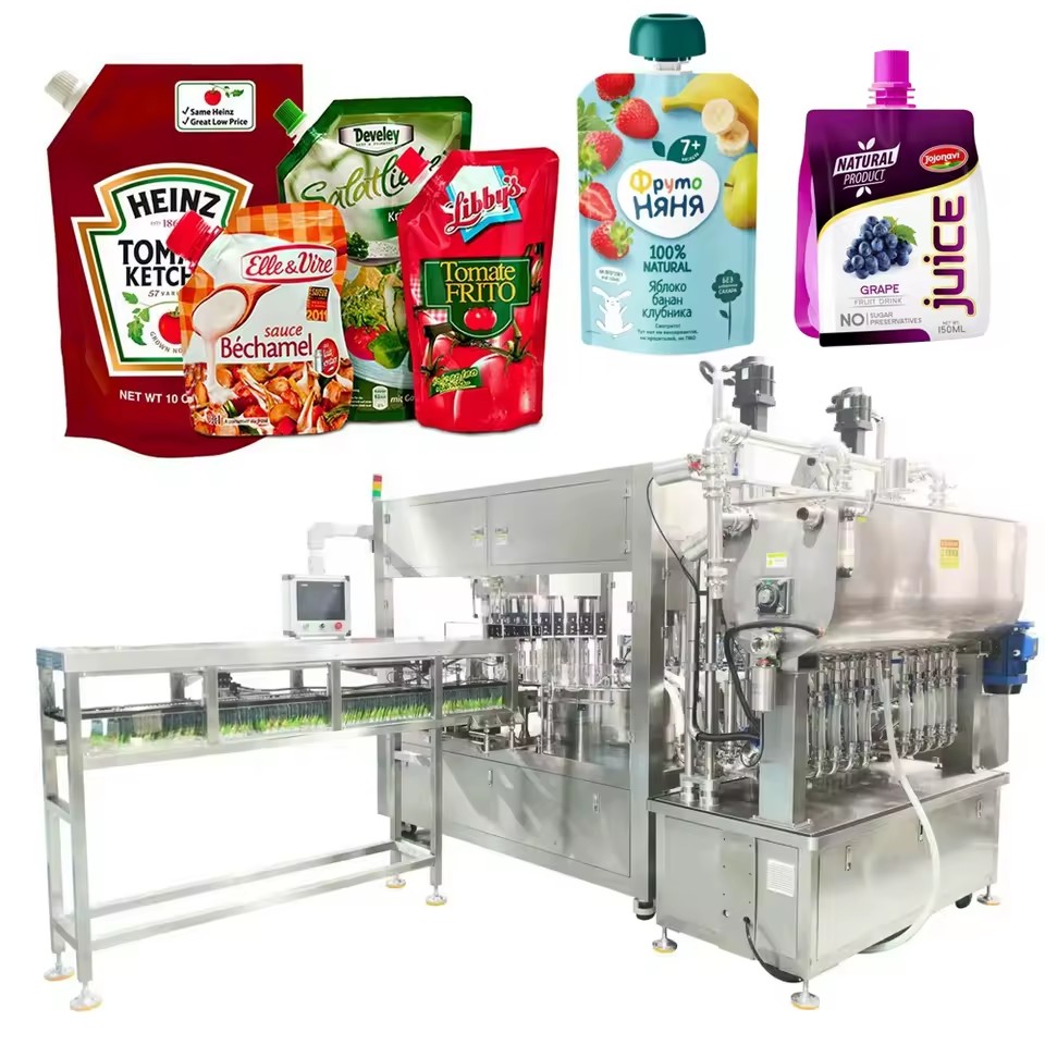 CE High Speed 12-Head Automatic 10-3000ml Spout Pouch Liquid Filling Capping Rotary Machine for Juice,Yogurt,Drink,Tomato Sauce
