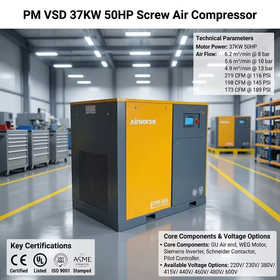 Industrial Direct Driven 75KW 90KW 8bar Variable Frequency Screw Air Compressor IE4 PM Motor with IoT Remote Control