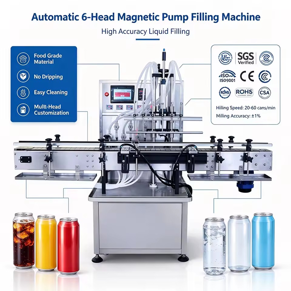 Automatic Magnetic Pump Juice Filling Machine Six Head Beverage Bottling Line Can Sealing Equipment