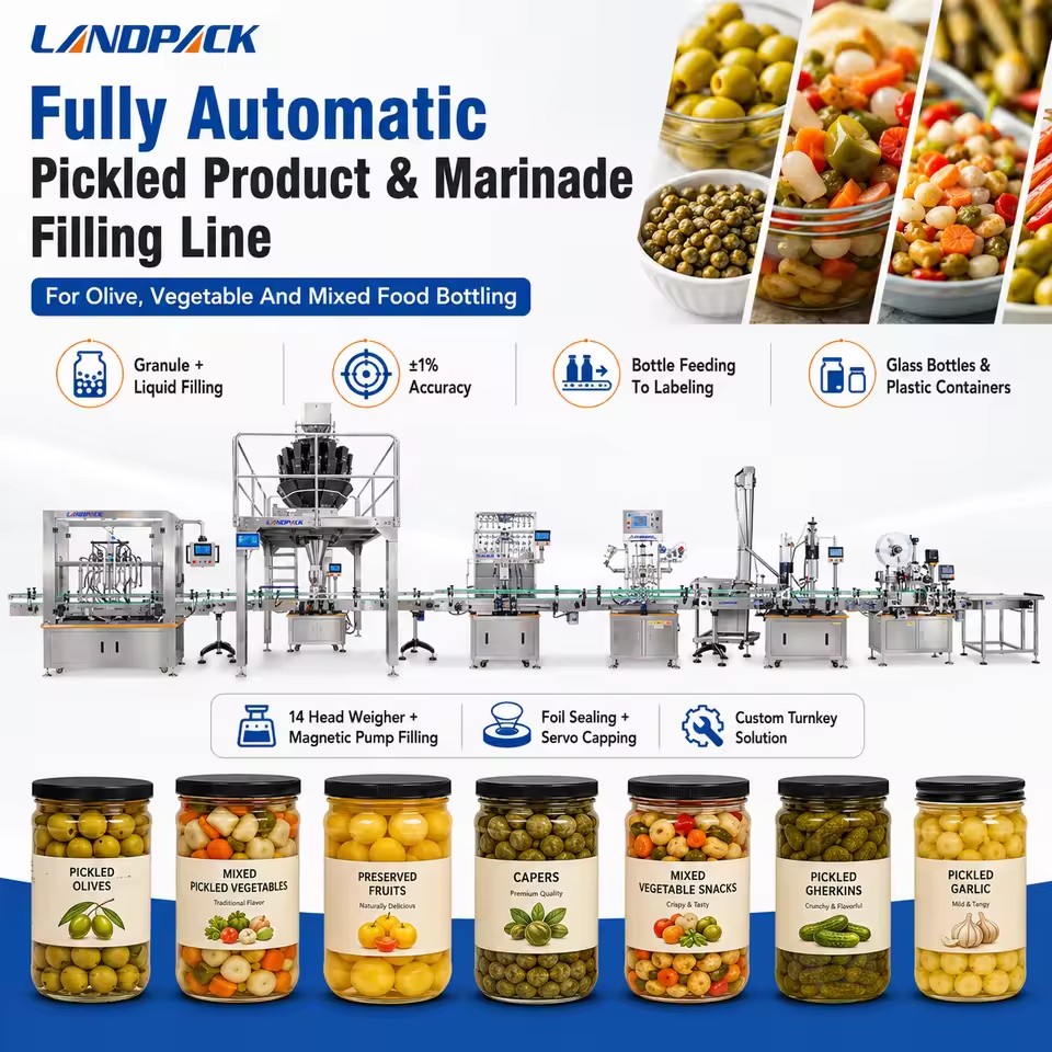 Solid Granule Liquid Food Pickle Pickled Vegetables Olive Salad Appetizer Snack in Brine Bottle Jar Filling Line Machine