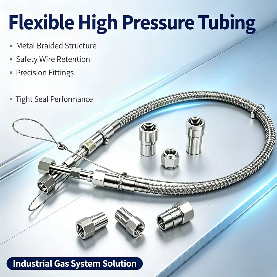 1M Polished 316SS 3000 Class High Pressure Flexible Hose with Safety Cable -Lok Gas Braided Tube