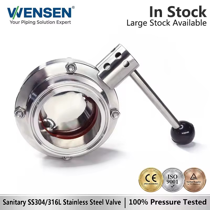 Wensen Sanitary Tri-Clamp Butterfly Valve 1 1/2 Inch SS304/SS316L Stainless Steel with Manual Lever