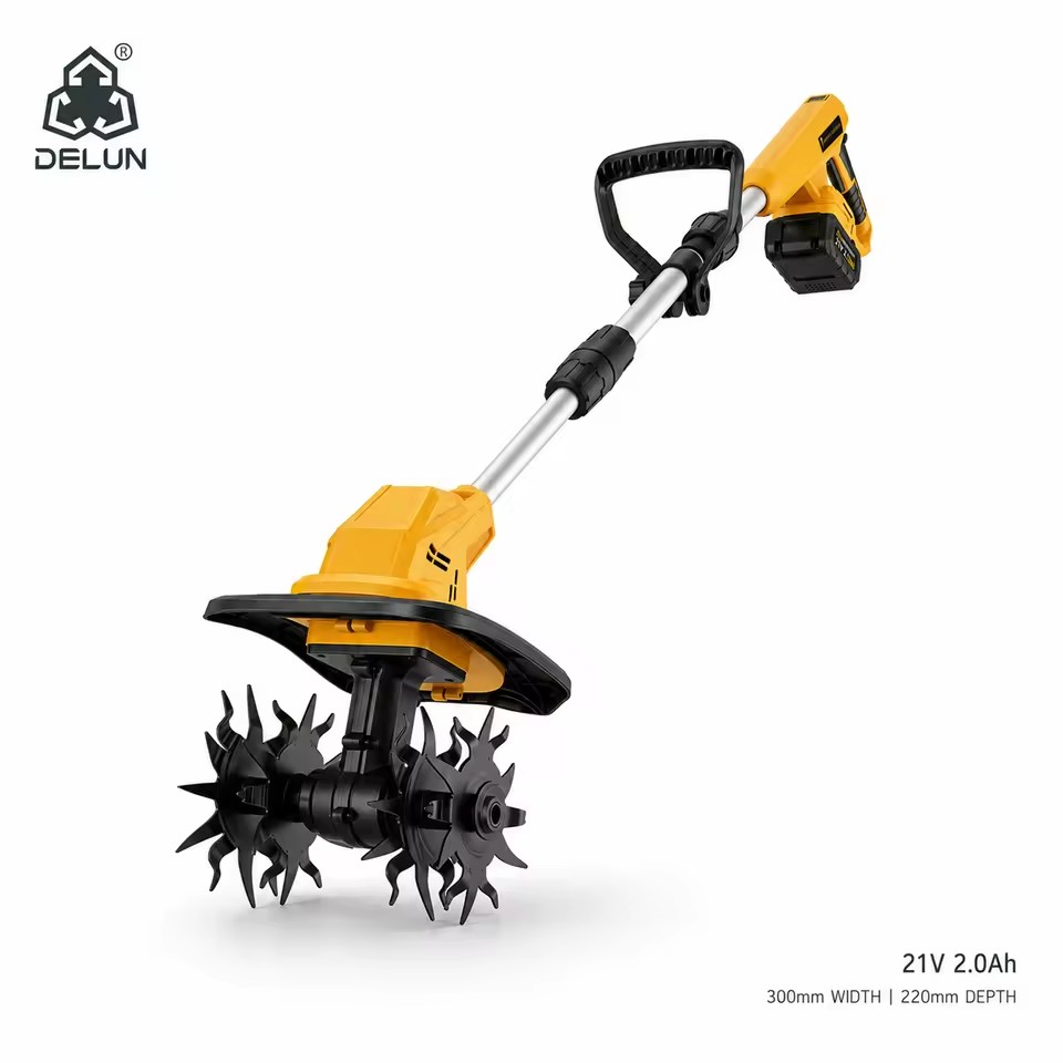 DELUN 21V Cordless Electric Tiller Cultivator 2.0Ah Battery 300mm Width 220mm Tilling Depth for Garden Bed Soil Loosening
