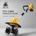 DELUN 21V Cordless Electric Tiller Cultivator 2.0Ah Battery 300mm Width 220mm Tilling Depth for Garden Bed Soil Loosening