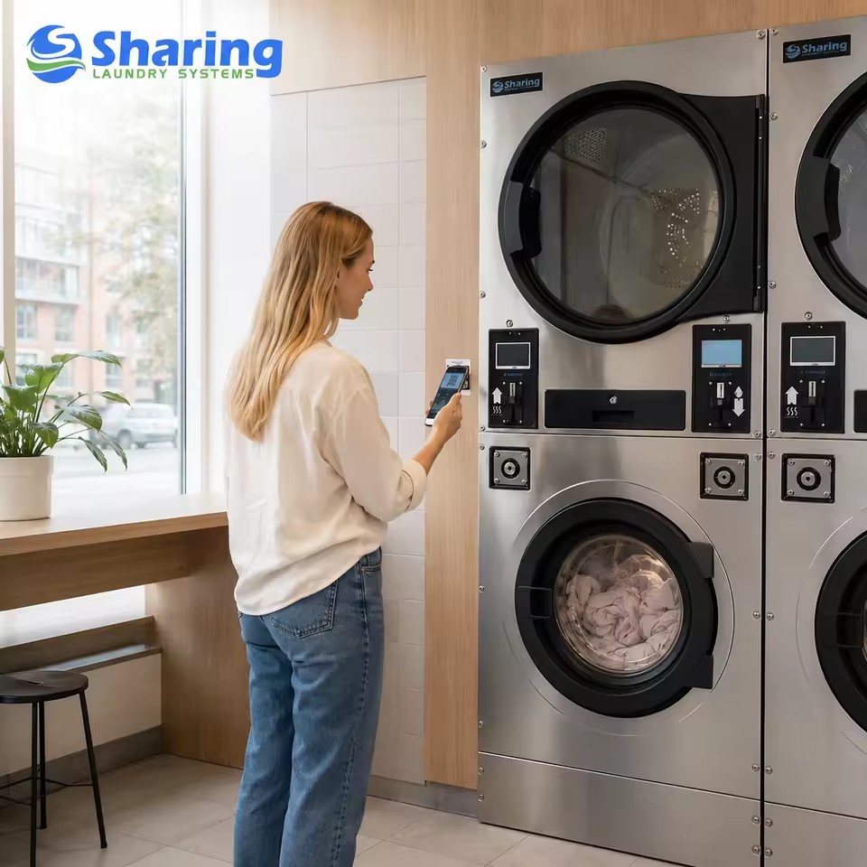 20kg Coin Card Operated Stack Washer Dryer Space Saving Laundromat Equipment