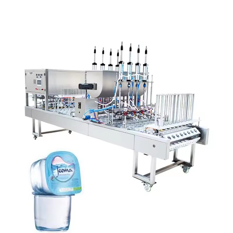 Automatic Linear Stainless Steel Water Cup Filling Sealing Machine with Metered Dosing Foil Lidding for Drink Packaging