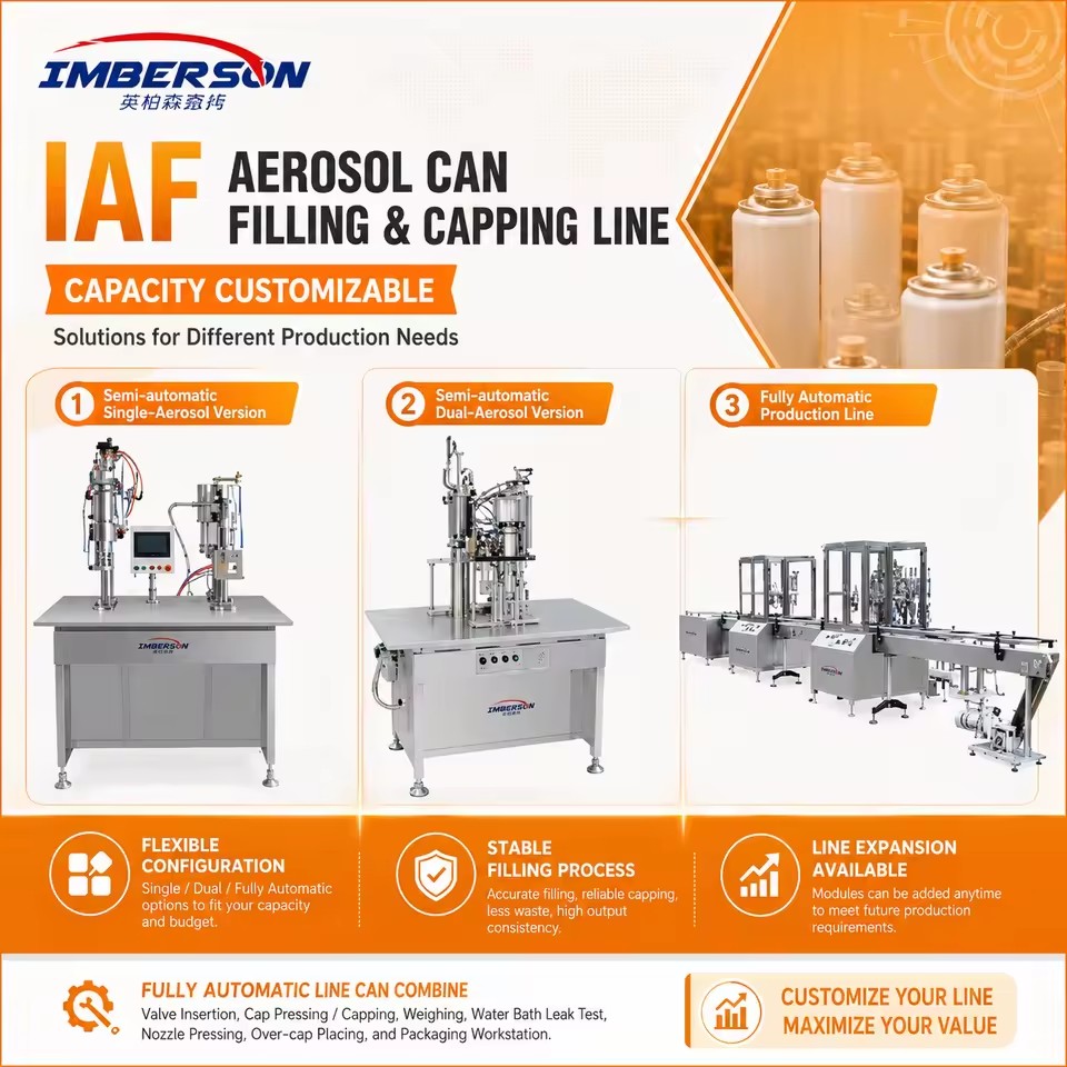 Semi Automatic and Fully Automatic Aerosol Can BOV Filling Valve Crimping Propellant Charging Leak Test Packaging Line