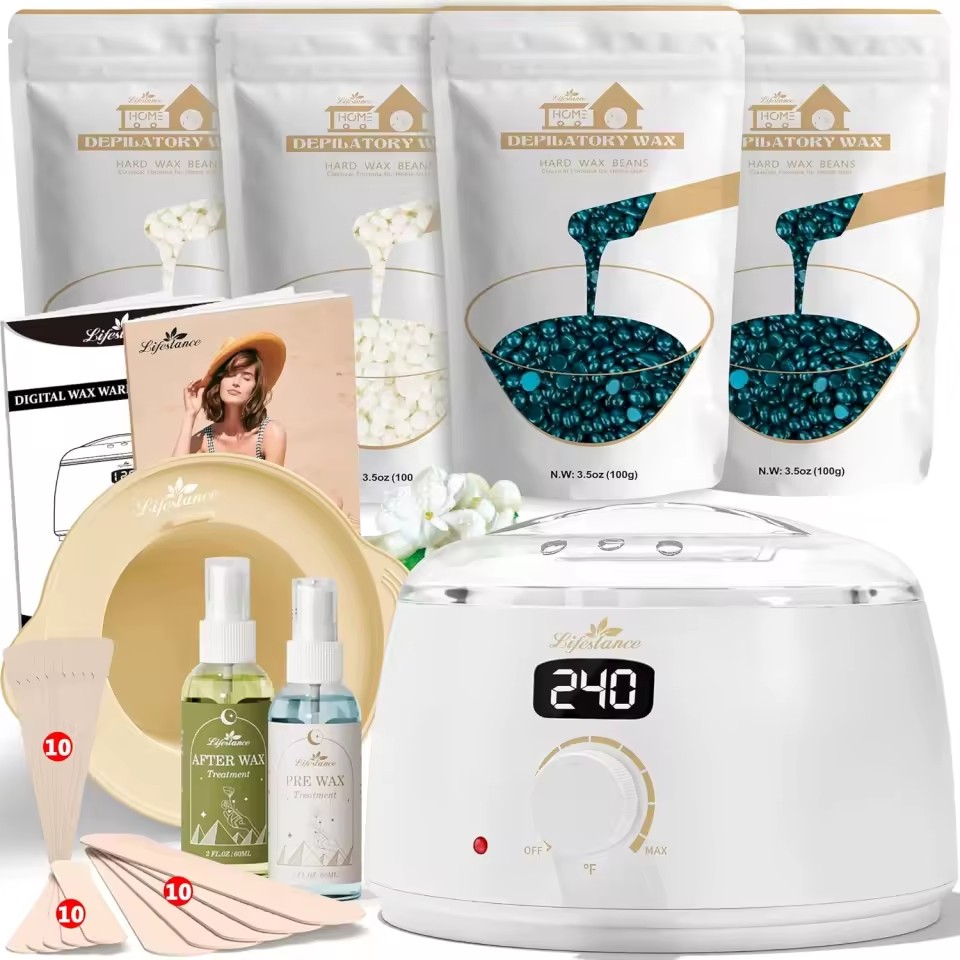 Lifestance Waxing Kit Digital Warmer 14.1oz Hypoallergenic Hard Wax Beans Dermatologist Tested for Bikini Face Body Hair Removal